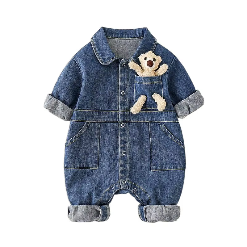 BearBuddy Denim – Spring Cartoon Pocket Romper for Babies