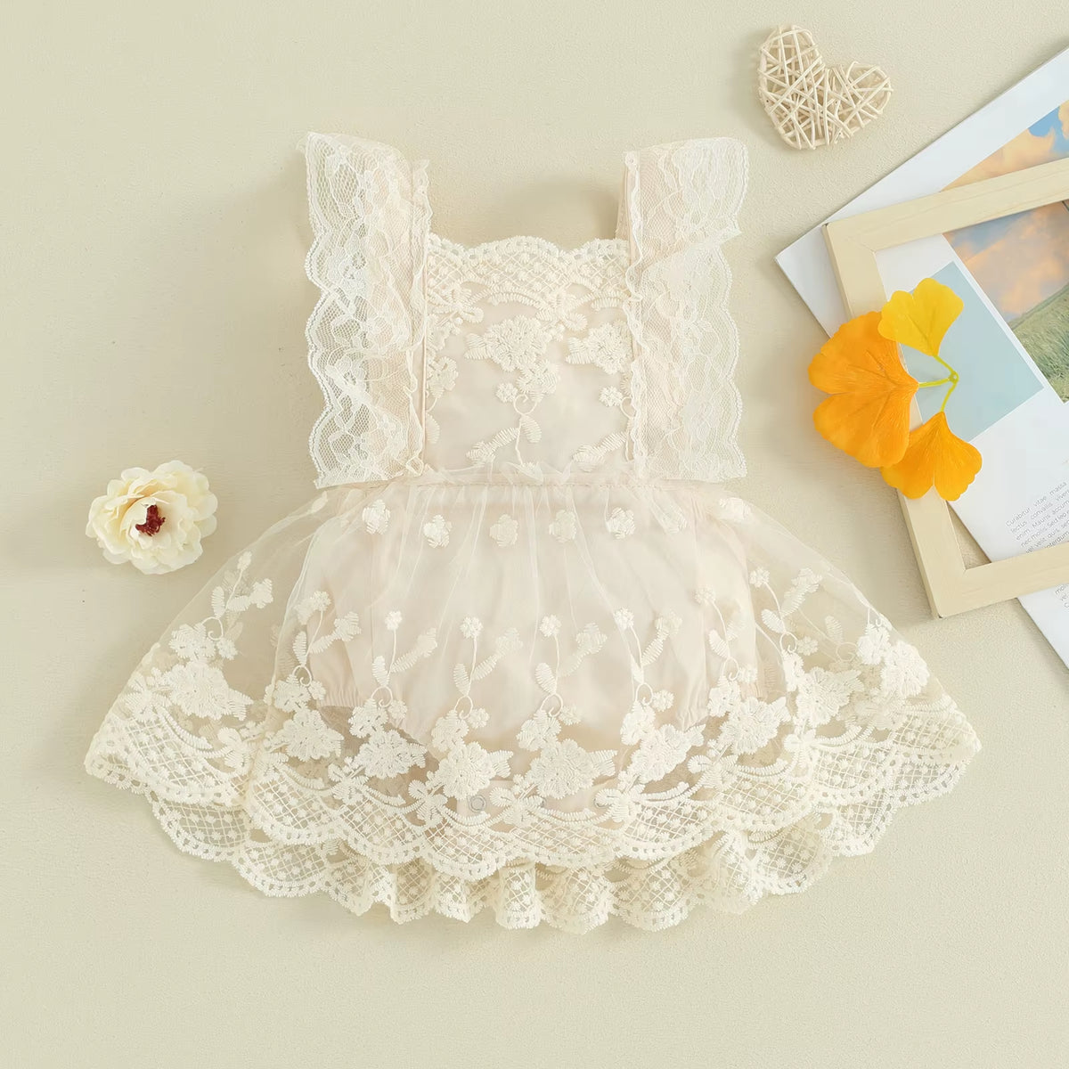 Lioraitiin Lace Blossom: Off-Shoulder Floral Bodysuit for Baby Girls 0–24M